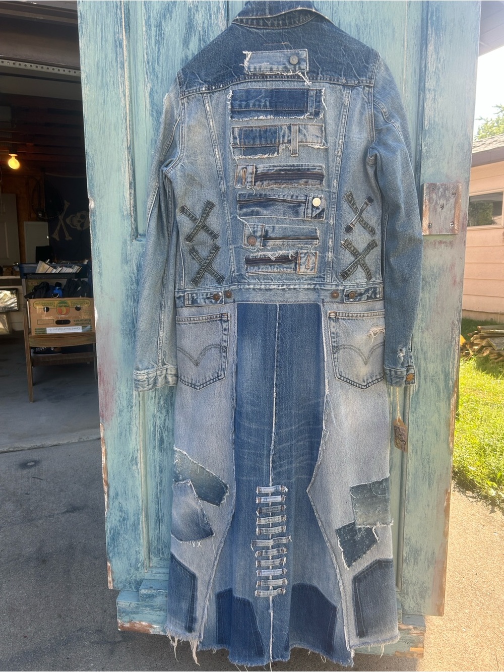 Upcycled patched distressed post apocalyptic zombie apocalypse denim jean duster